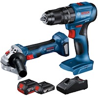 Taladro Percutor 1/2" GSB 185-LI + Amoladora Angular 5" GWS 180-LI + 2 Baterías 18V + Cargador Bosch